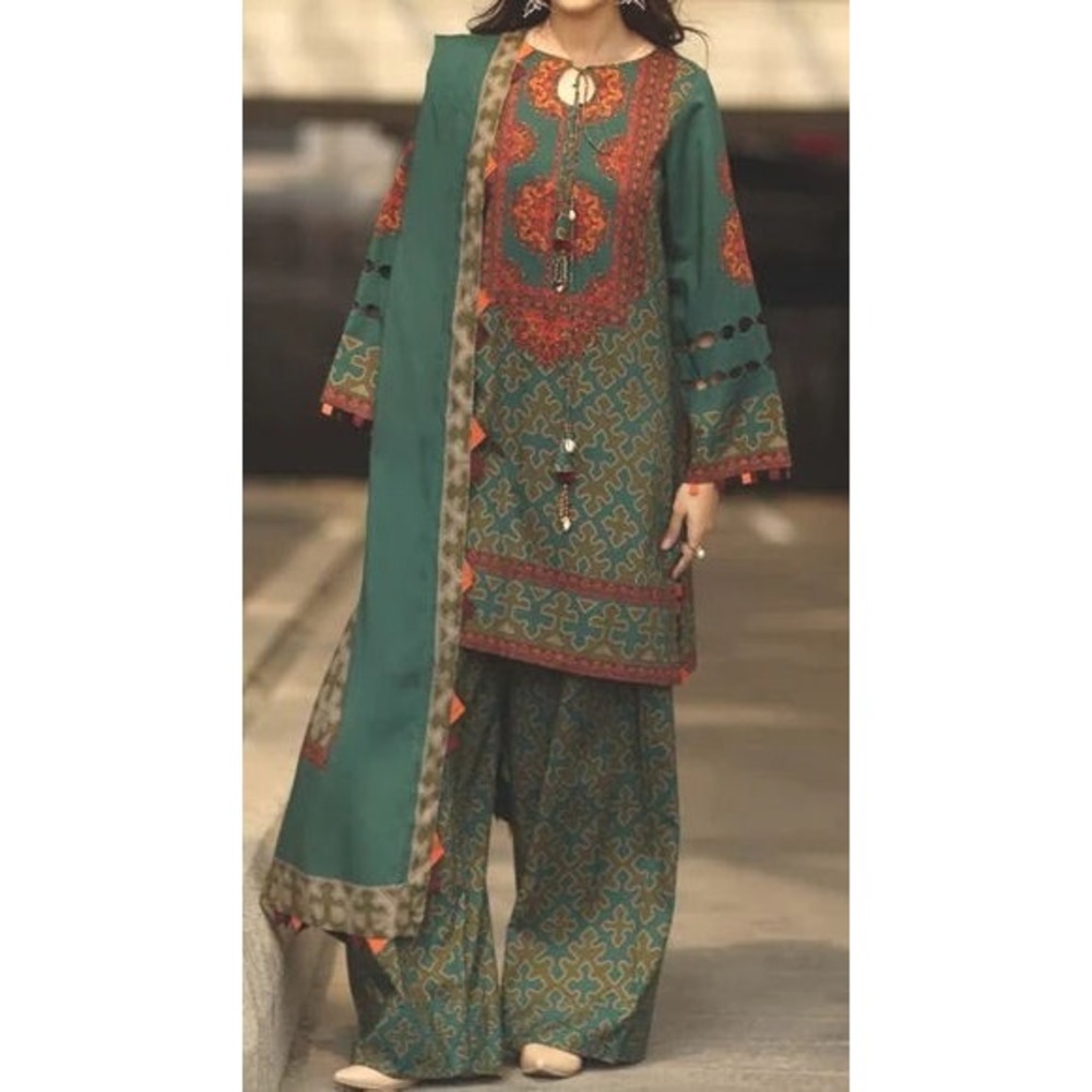 Tayyab Arts Women's 3pc Dark Green Printed Kurta Set w/ Seashells - Small